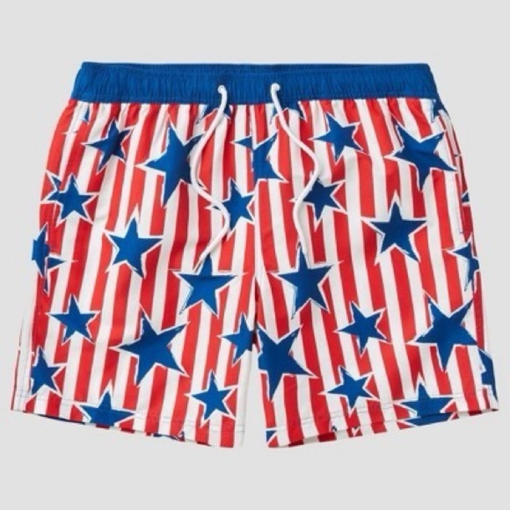 Mad Engine Mens Star Print Striped Americana 4th Of July Swim Trunks XL New